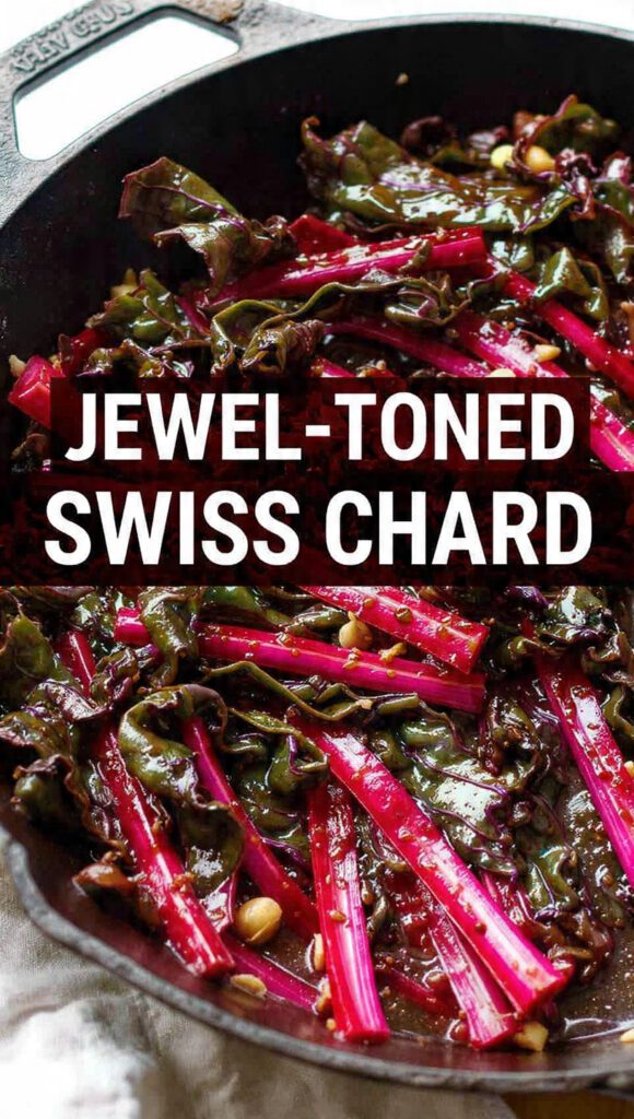 A close-up shot of sautéed Jewel-Toned Swiss Chard in a skillet, showing the bright green leaves and the vibrant red, pink, and yellow stems, glistening with olive oil and garlic. The text overlay reads: "JEWEL-TONED SWISS CHARD"