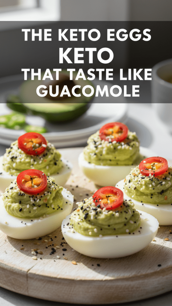 A close-up shot of vibrant green keto avocado deviled eggs on a platter with a bold text overlay.