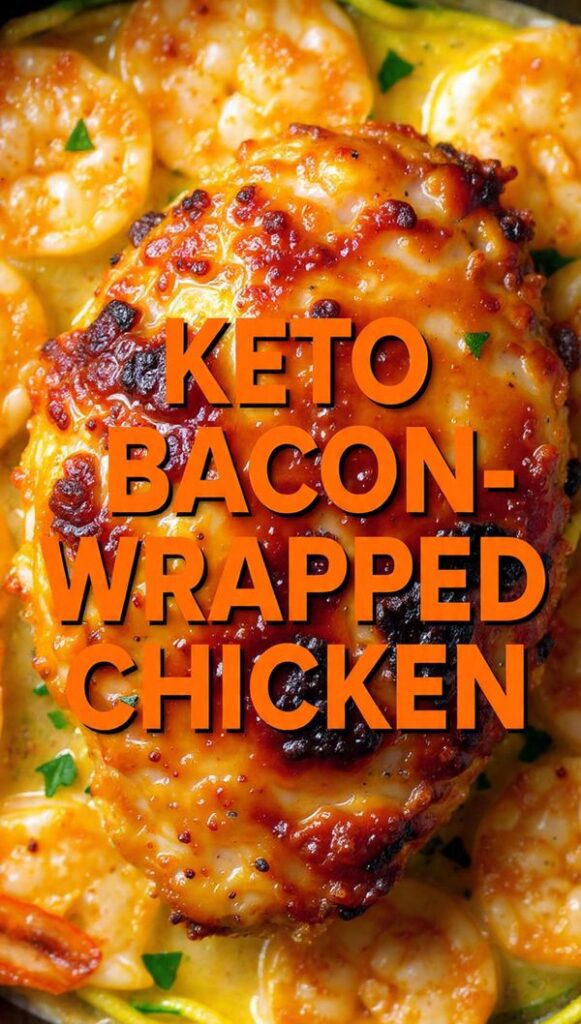 Vertical photo of golden-brown keto bacon-wrapped chicken, sliced, with a text overlay of the main keyword.