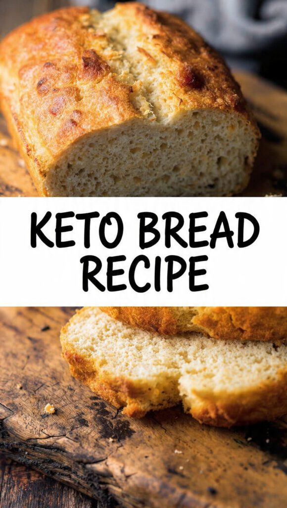 Vertical photo of a sliced loaf of keto bread with a text overlay of the main keyword