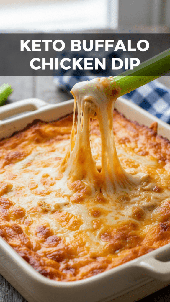 A top-down shot of a bubbly, golden-brown keto buffalo chicken dip in a ceramic dish with a text overlay