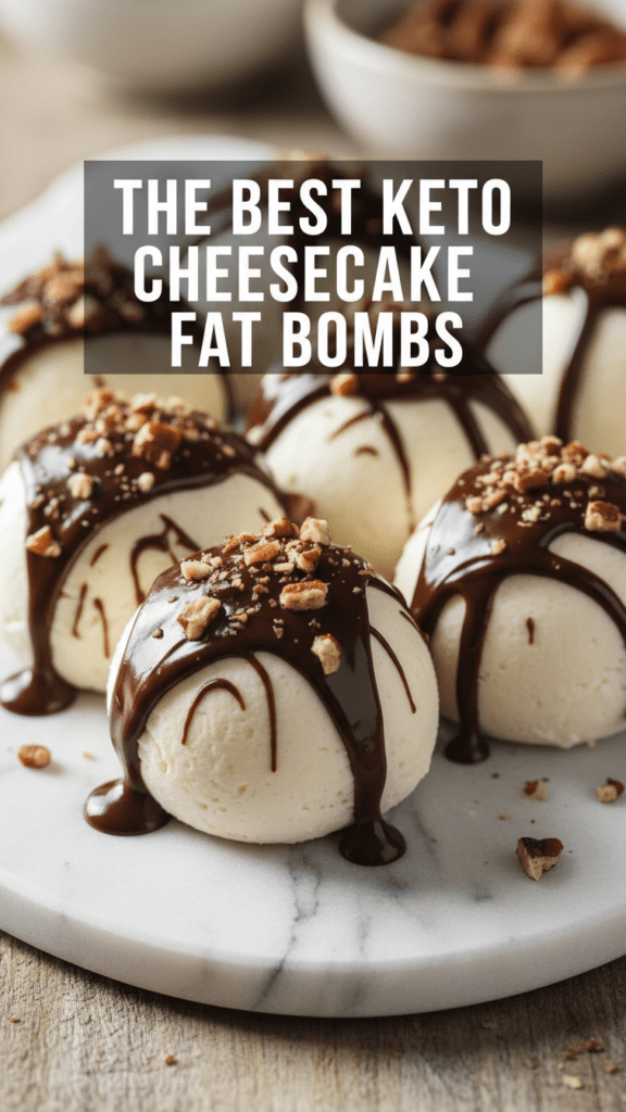A close-up shot of creamy keto cheesecake fat bombs with chocolate drizzle and nuts.