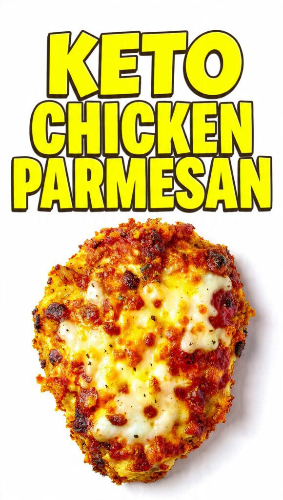 Vertical photo of a golden, cheesy keto chicken parmesan on a plate, with a text overlay of the main keyword.