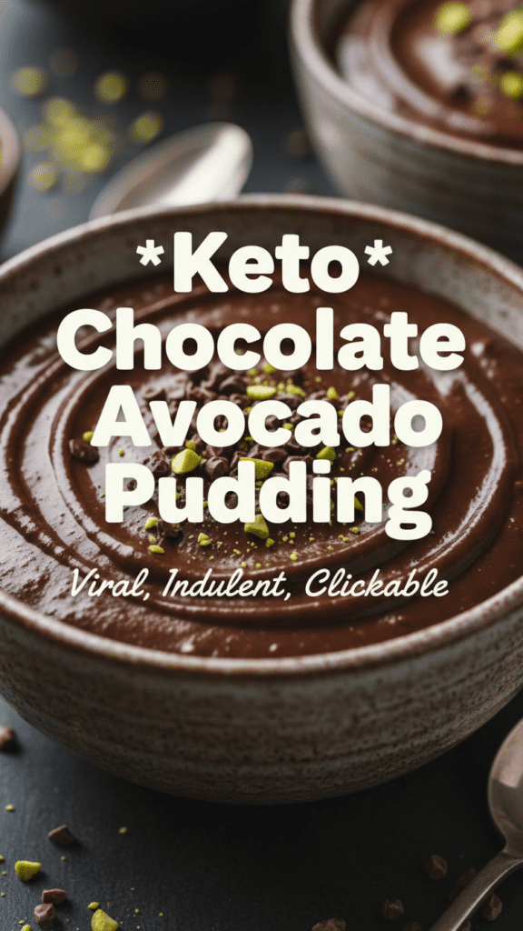 A glass jar filled with rich dark chocolate avocado pudding topped with a mint leaf.