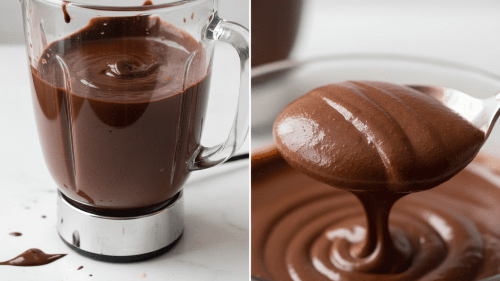 Close-up of a spoon lifting a scoop of creamy chocolate avocado pudding
