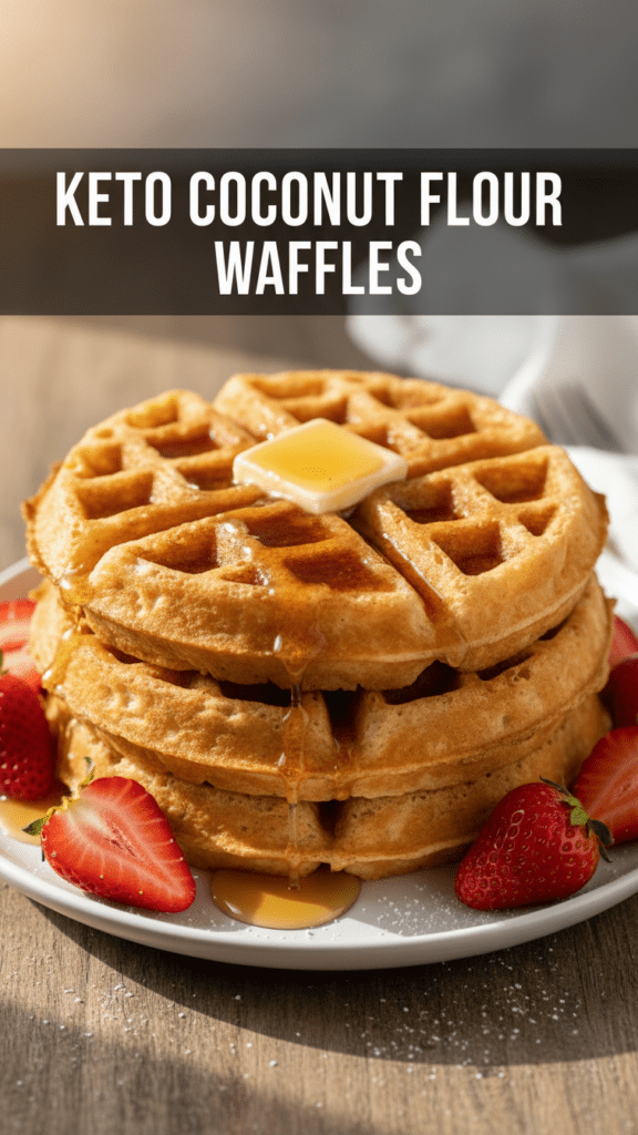 A tall stack of golden keto coconut flour waffles with melting butter and sugar-free syrup.