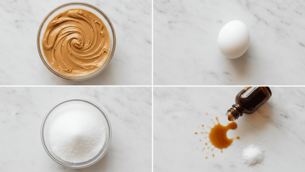 A collage showing creamy peanut butter, a white egg, and granulated monk fruit sweetener.