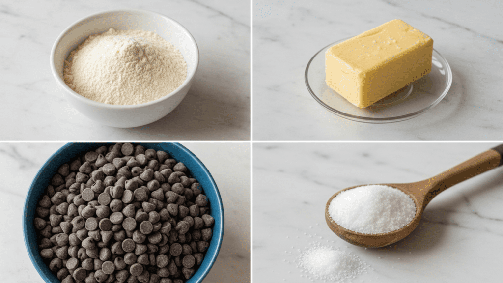 A collage showing almond flour, grass-fed butter, monk fruit sweetener, and sugar-free chocolate chips