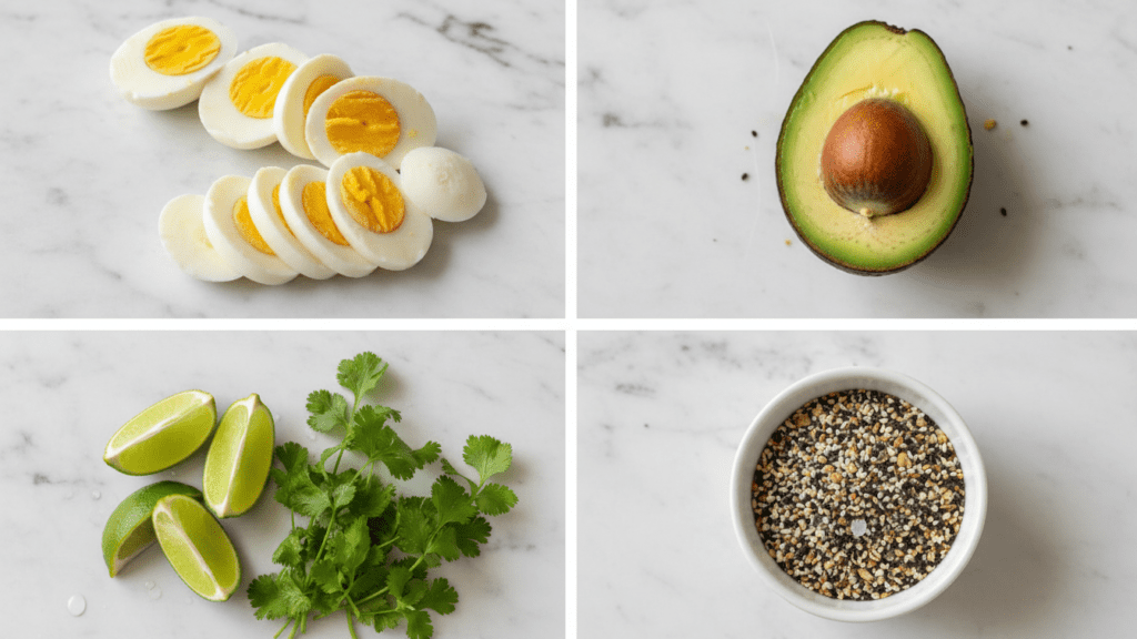 A collage showing hard-boiled eggs, ripe avocado, lime, and fresh cilantro.