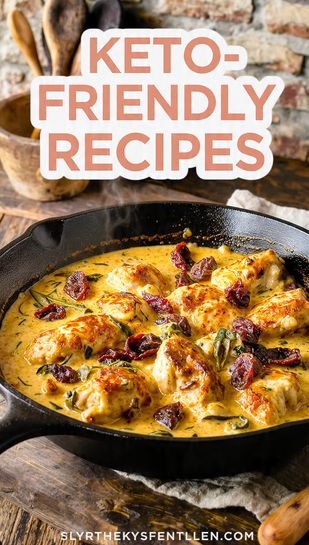 A close-up of a skillet filled with creamy Tuscan chicken with spinach and sun-dried tomatoes, and "KETO-FRIENDLY RECIPES" as a prominent text overlay.