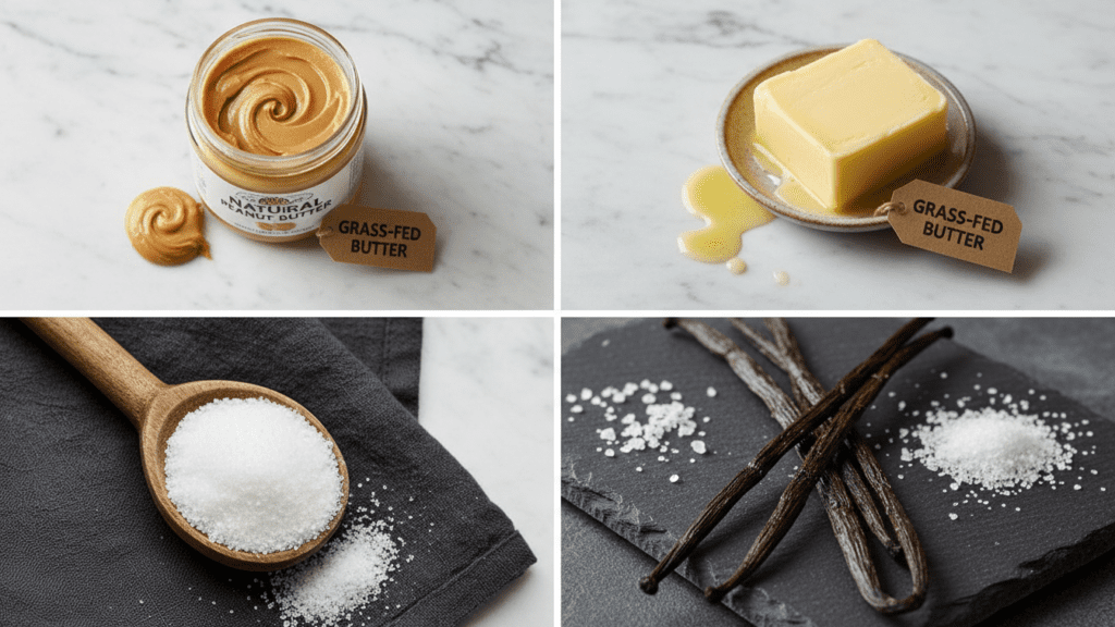 A collage showing natural peanut butter, grass-fed butter, monk fruit, and vanilla extract.