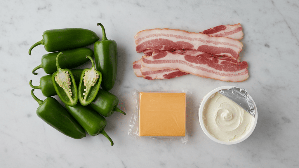 A collage of fresh jalapenos, bacon slices, cream cheese, and cheddar cheese.