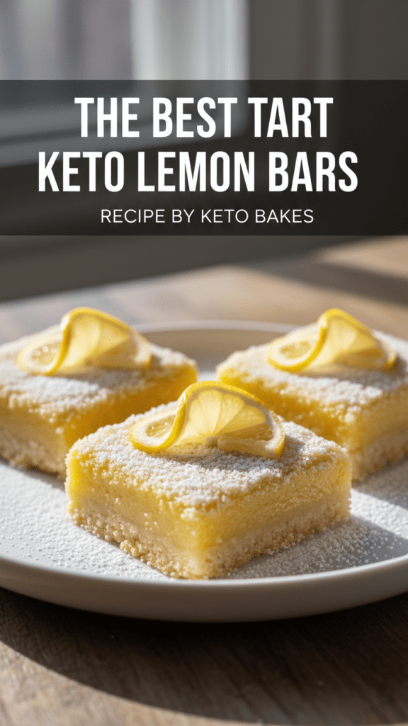 A close-up shot of square keto lemon bars with powdered sweetener dusting and a text overlay.