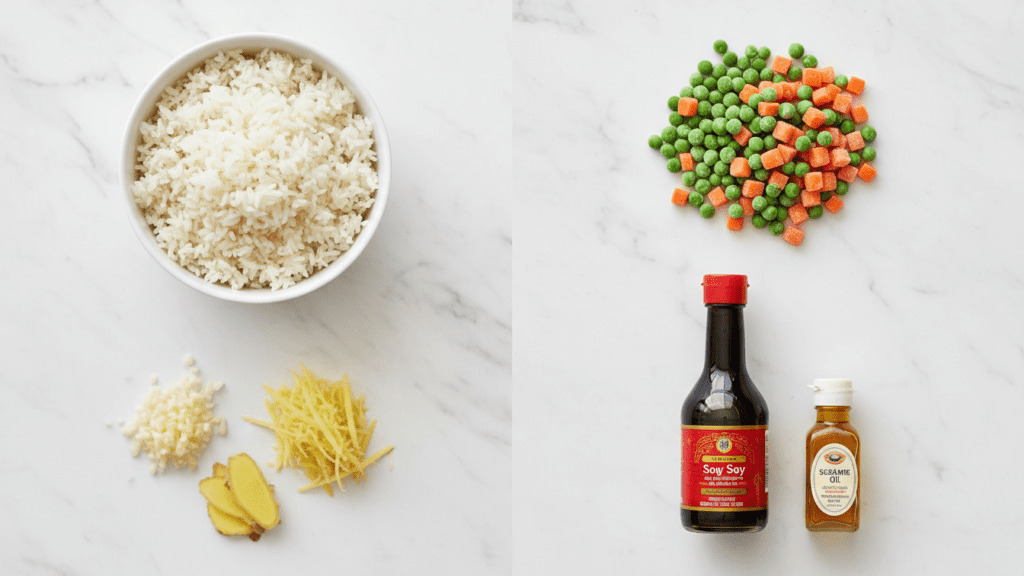 A collage showing unsweetened shredded coconut, egg whites, monk fruit, and vanilla extract.