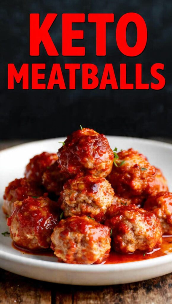 Vertical photo of baked keto meatballs covered in low-carb marinara sauce and a text overlay of the main keyword