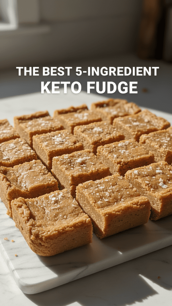 A close-up shot of square keto peanut butter fudge pieces with sea salt on a marble slab