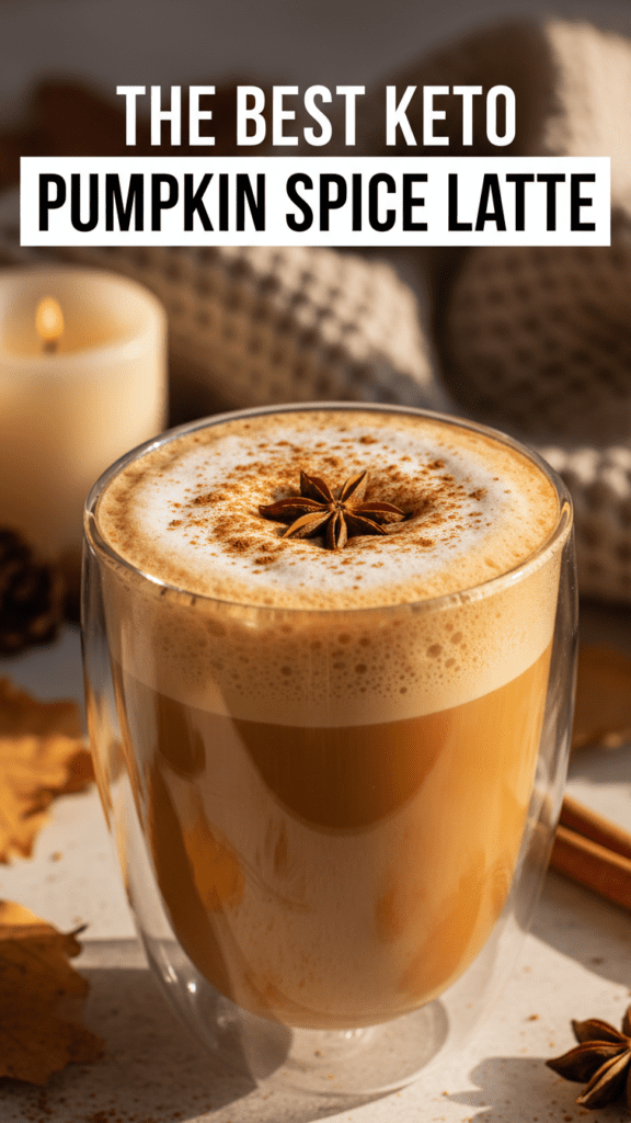 A close-up shot of a frothy keto pumpkin spice latte in a glass mug with cinnamon dusting.