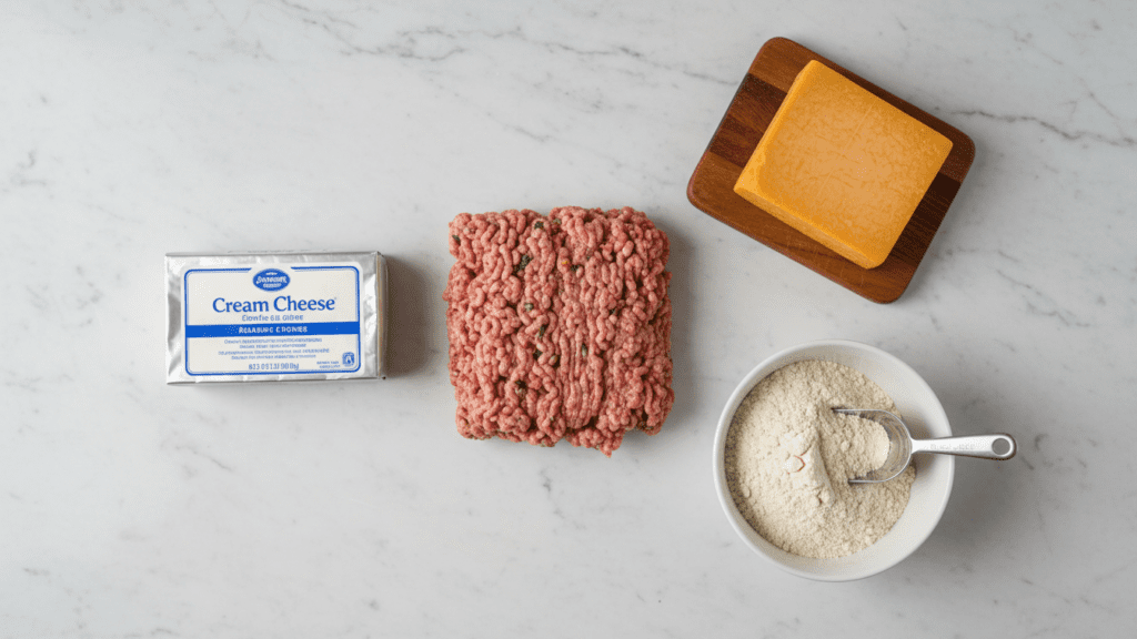 A collage of ground sausage, cheddar cheese, almond flour, and cream cheese