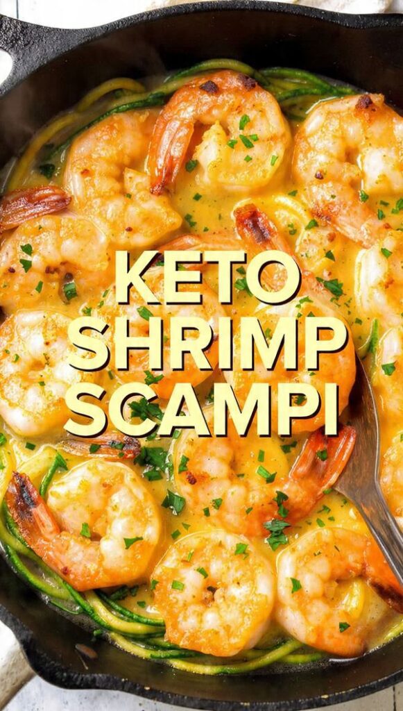Vertical photo of cooked keto shrimp scampi with zoodles in a skillet, with a text overlay of the main keyword