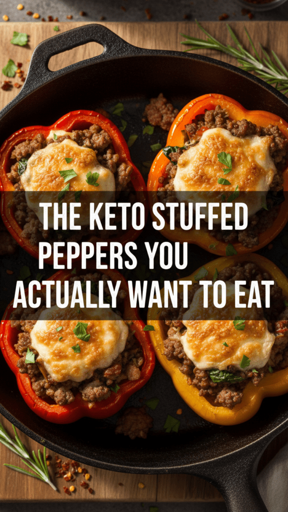 A top-down shot of vibrant colorful keto stuffed peppers with melted cheese and a bold text overlay.