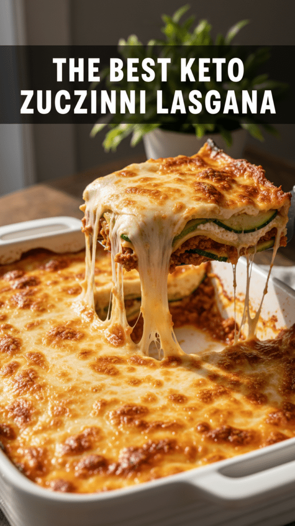 A top-down shot of a bubbly, golden-brown keto zucchini lasagna in a ceramic dish with a text overlay.