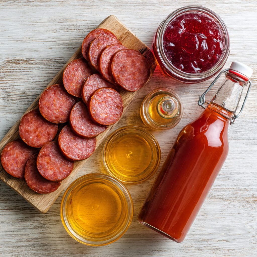 A flat lay collage of raw ingredients: sliced kielbasa sausage, grape jelly jar, chili sauce bottle, and apple cider vinegar used for the slow cooker kielbasa bites recipe.