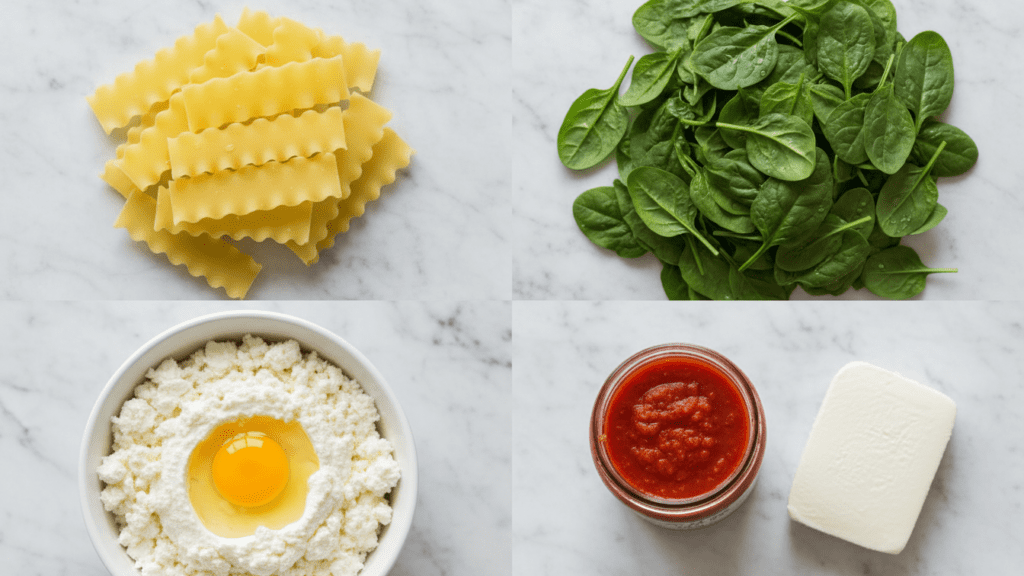 A collage showing lasagna noodles, fresh spinach, ricotta cheese, and marinara sauce.