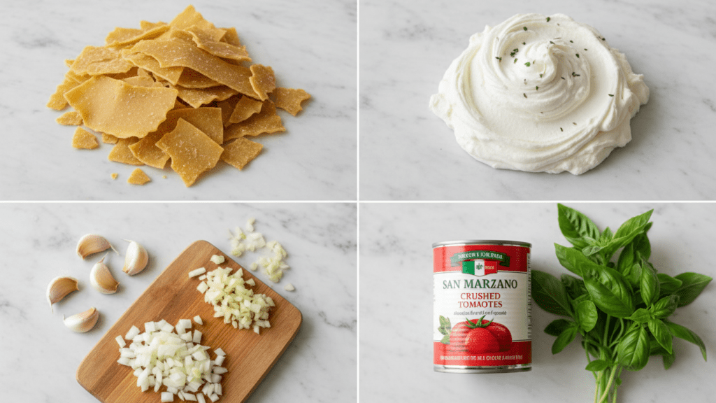 A collage showing lasagna noodles, crushed tomatoes, ricotta cheese, and fresh garlic.