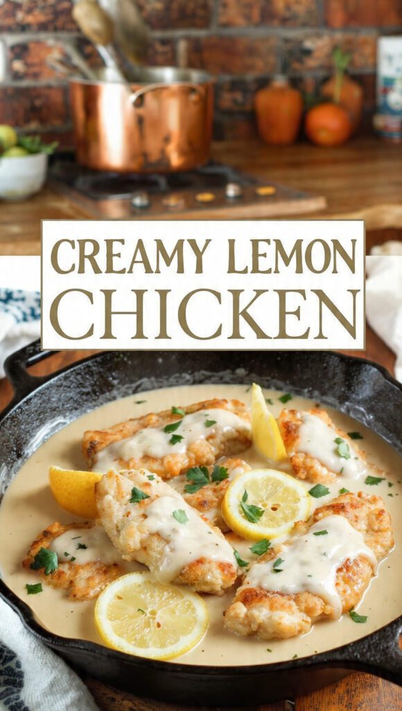 A close-up of golden-seared chicken cutlets smothered in a rich, velvety lemon cream sauce, with "CREAMY LEMON CHICKEN" as a prominent text overlay.