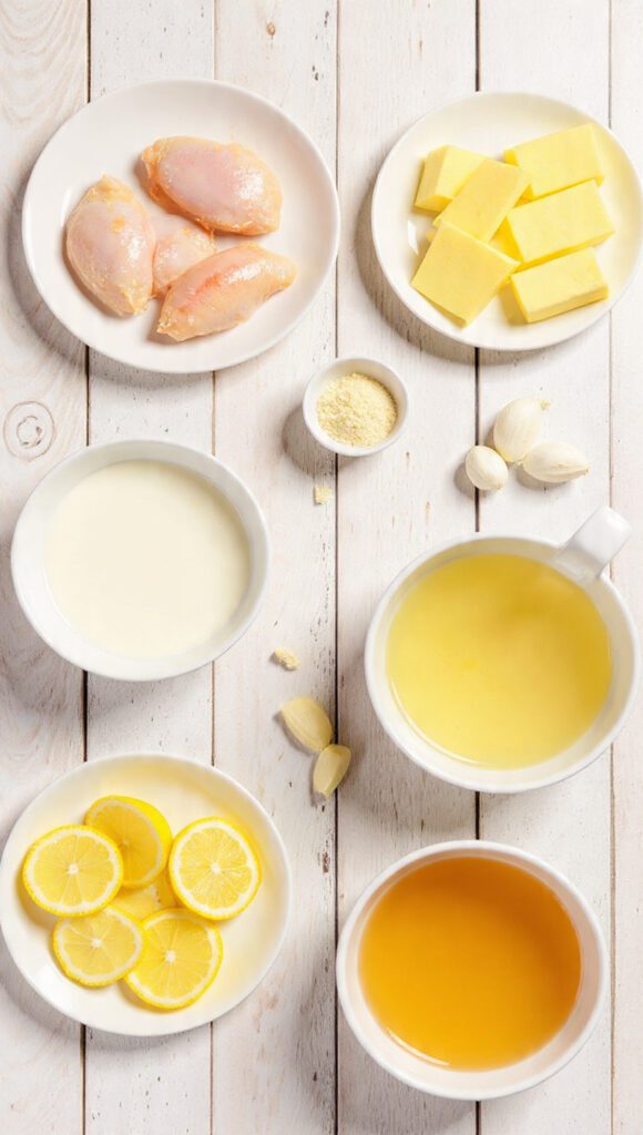 A flat lay collage of raw ingredients: chicken breasts, heavy cream, fresh lemons, butter, garlic cloves, and chicken broth carton used for the creamy lemon chicken recipe.