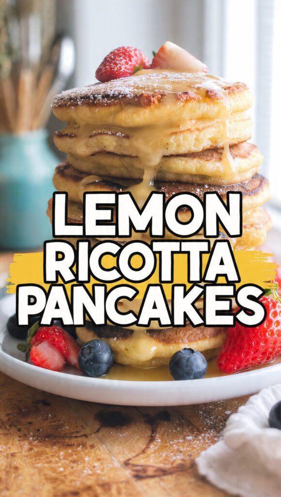 A tall, perfect stack of thick, golden-brown Lemon Ricotta Pancakes, topped with fresh raspberries, powdered sugar, and a pat of butter, showing the light, airy texture. The text overlay reads: "LEMON RICOTTA PANCAKES".