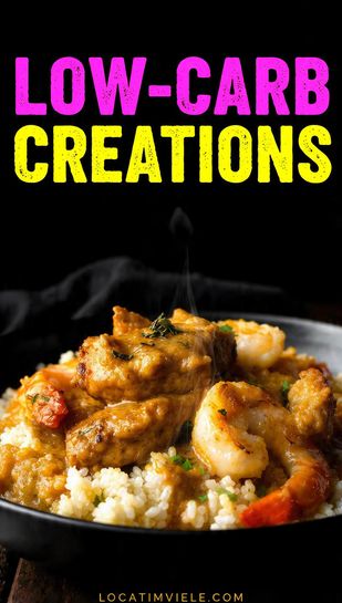 A vibrant, rich dish of creamy keto butter chicken served over cauliflower rice, with "LOW-CARB CREATIONS" as a prominent text overlay.