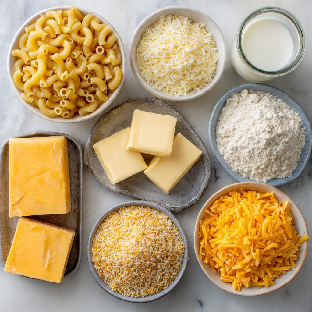 A flat lay collage of all raw ingredients: elbow pasta, butter, whole milk, flour, freshly grated cheddar and Gruyère cheese, and panko breadcrumbs.