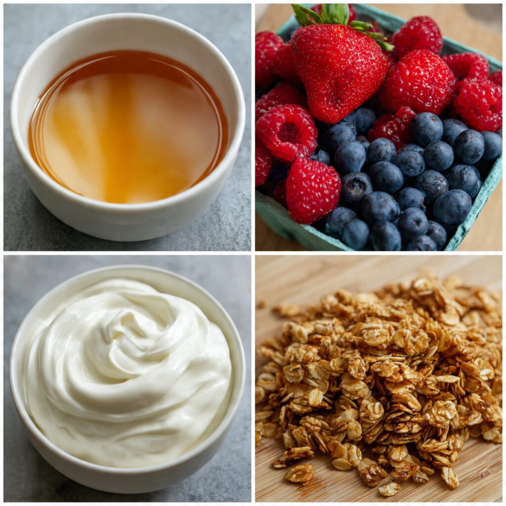 A collage showing the essential ingredients: a large bowl of Greek yogurt, honey, vanilla extract, a carton of fresh berries, and a pile of crunchy granola.