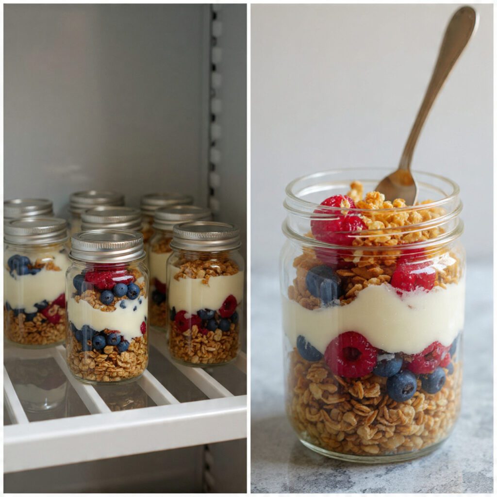 Two servings of the parfaits. One is a wide shot of four finished, sealed mason jars lined up in the fridge. The other is an extreme close-up of a long spoon digging into a jar, showing all the layered colors and textures of the berries and granola.