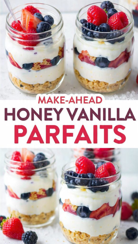 A close-up shot of several clear glass mason jars lined up, showing distinct layers of white honey vanilla yogurt, mixed berries, and crunchy granola on top. The text overlay reads: "MAKE-AHEAD HONEY VANILLA PARFAITS".