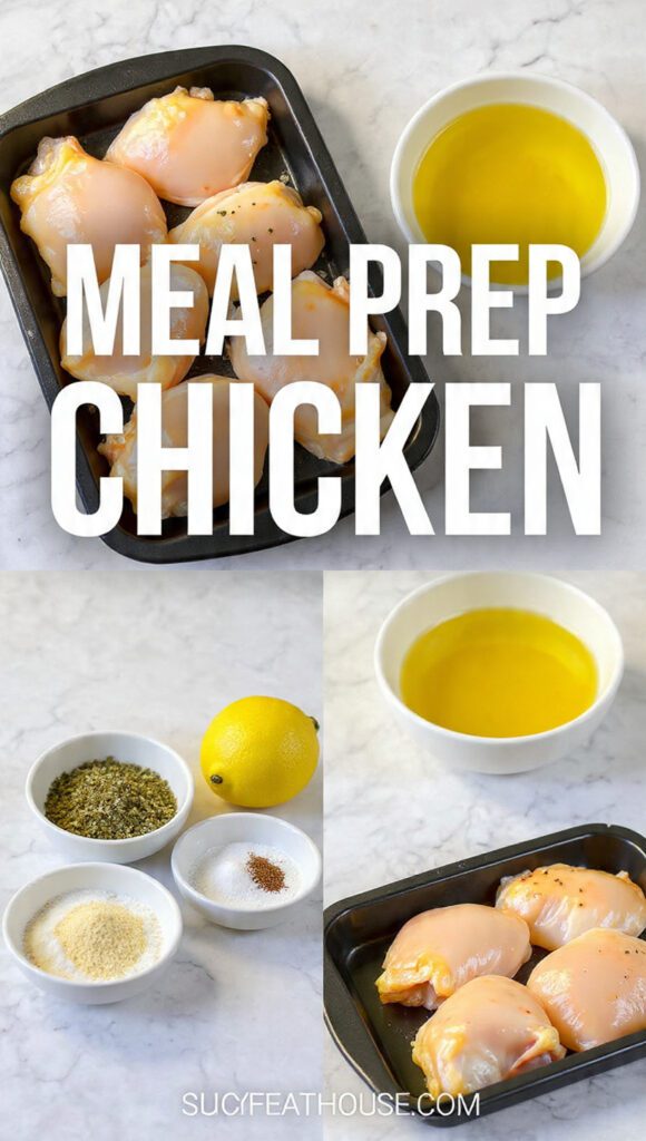 A collage showing the raw ingredients: raw chicken thighs, a lemon, olive oil, and small bowls of the mixed Italian herb seasoning, salt, and garlic powder.
