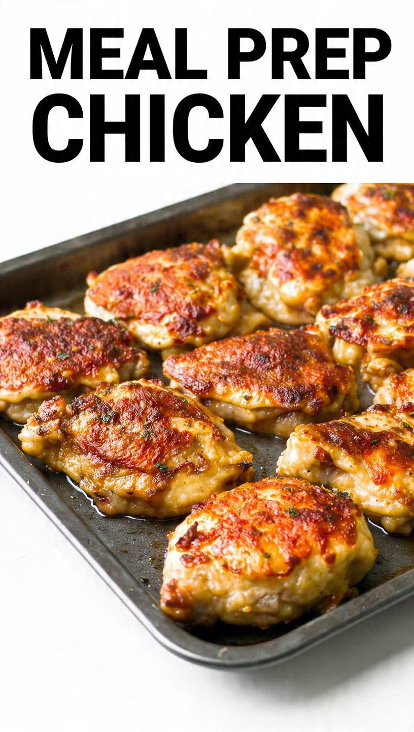 A wide shot of a large rimmed sheet pan filled with golden-brown, seasoned, cubed chicken thighs, perfectly roasted and resting on the pan. The text overlay reads: "MEAL PREP CHICKEN"