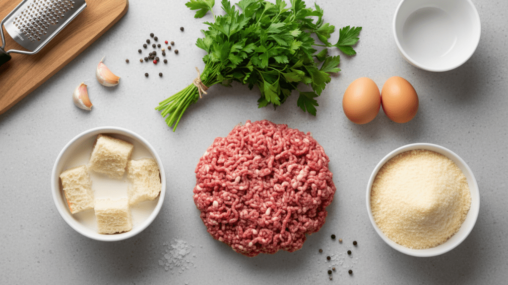 A collage of ground beef, pork, fresh parsley, eggs, parmesan cheese, and garlic.