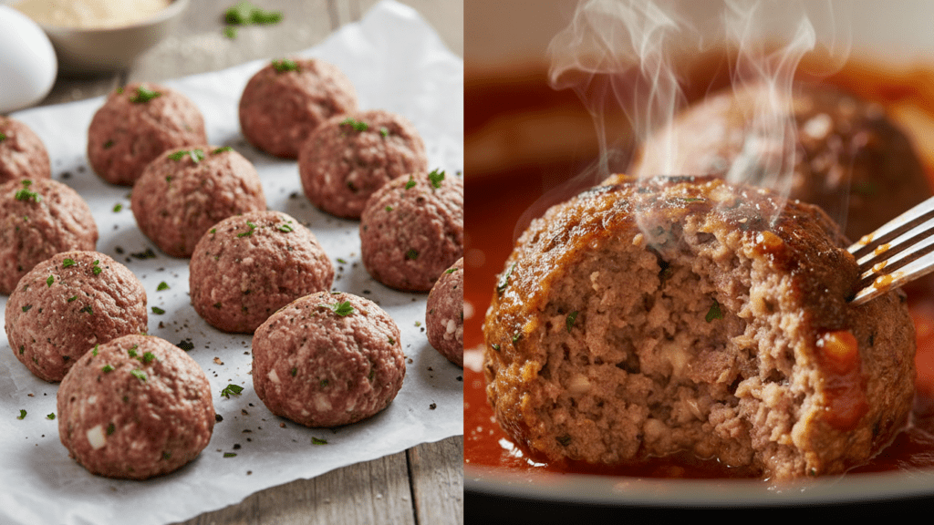 Two separate views of meatballs: one raw on a sheet and one cooked interior.