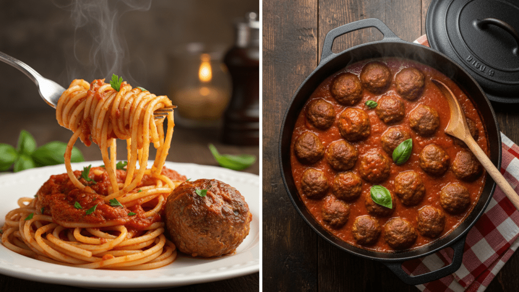 Two views: a fork twirling spaghetti with a meatball and a top-down view of a Dutch oven full of meatballs and sauce.