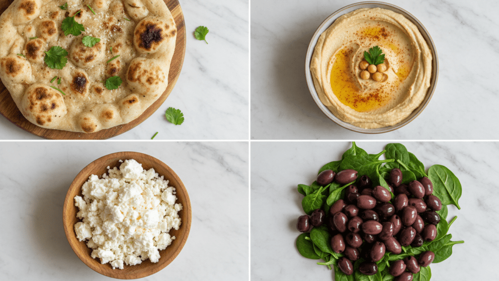 A collage showing fresh naan bread, hummus, feta cheese, and kalamata olives