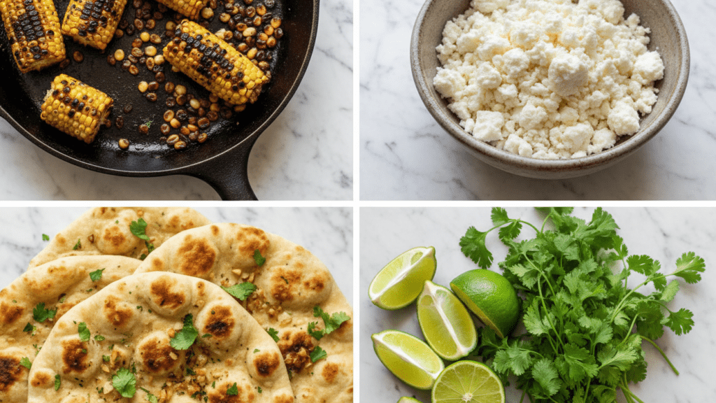 A collage showing charred corn, cotija cheese, naan bread, and fresh lime.