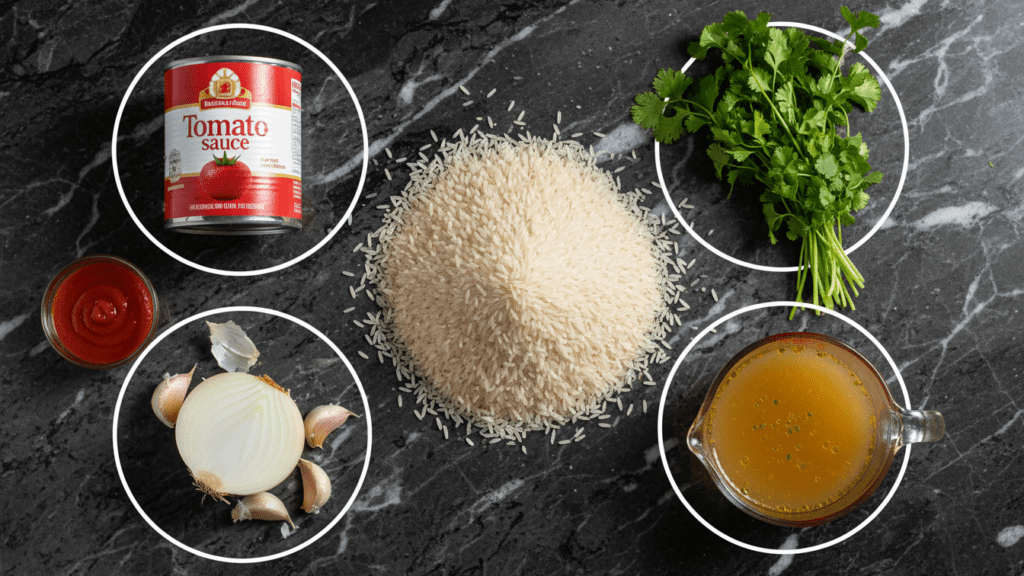 Collage of long-grain rice, tomato sauce, onion, garlic, and cilantro.