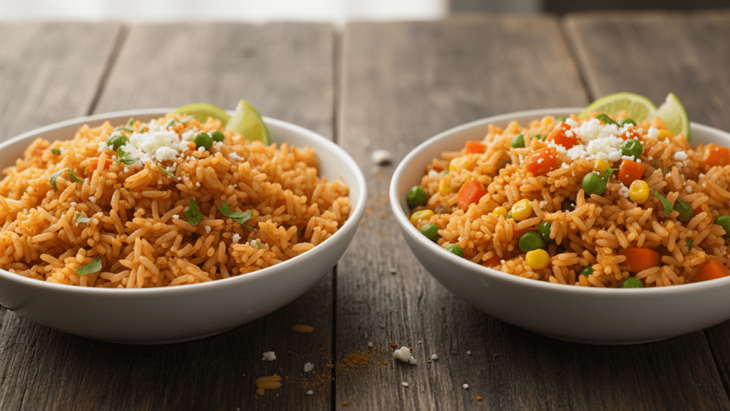 Two bowls of Mexican rice, one plain and one with peas and carrots.