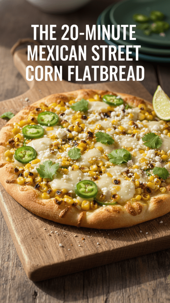 A top-down shot of a golden-brown Mexican street corn flatbread with charred corn and fresh cilantro.