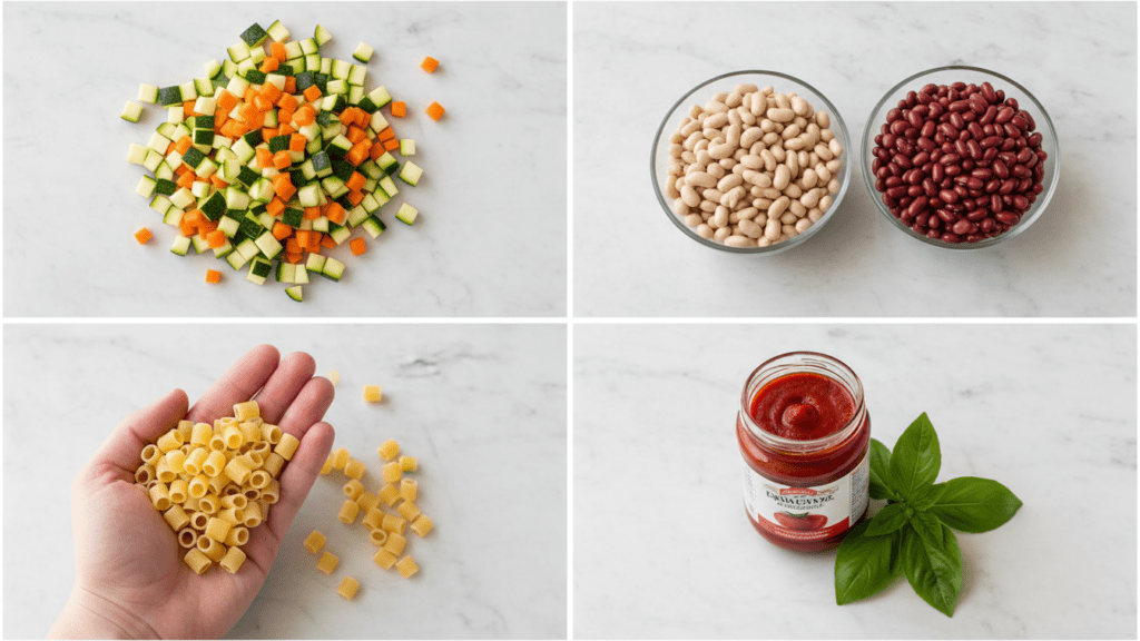 A collage showing kidney beans, zucchini, carrots, celery, and ditalini pasta.