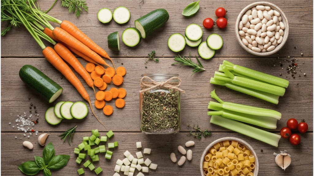 Raw ingredients for making a healthy authentic Italian minestrone soup.