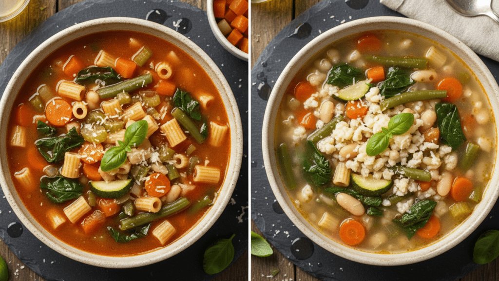 Two different versions of minestrone soup including a keto-friendly option.