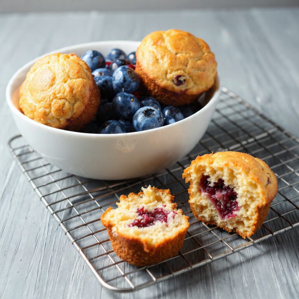 Two servings of the muffins. One is a wide shot of a basket of the tall muffins cooling on a wire rack. The other is an extreme close-up of a muffin torn in half, showing the moist, tender interior crumb and the beautiful pockets of purple and red berries.